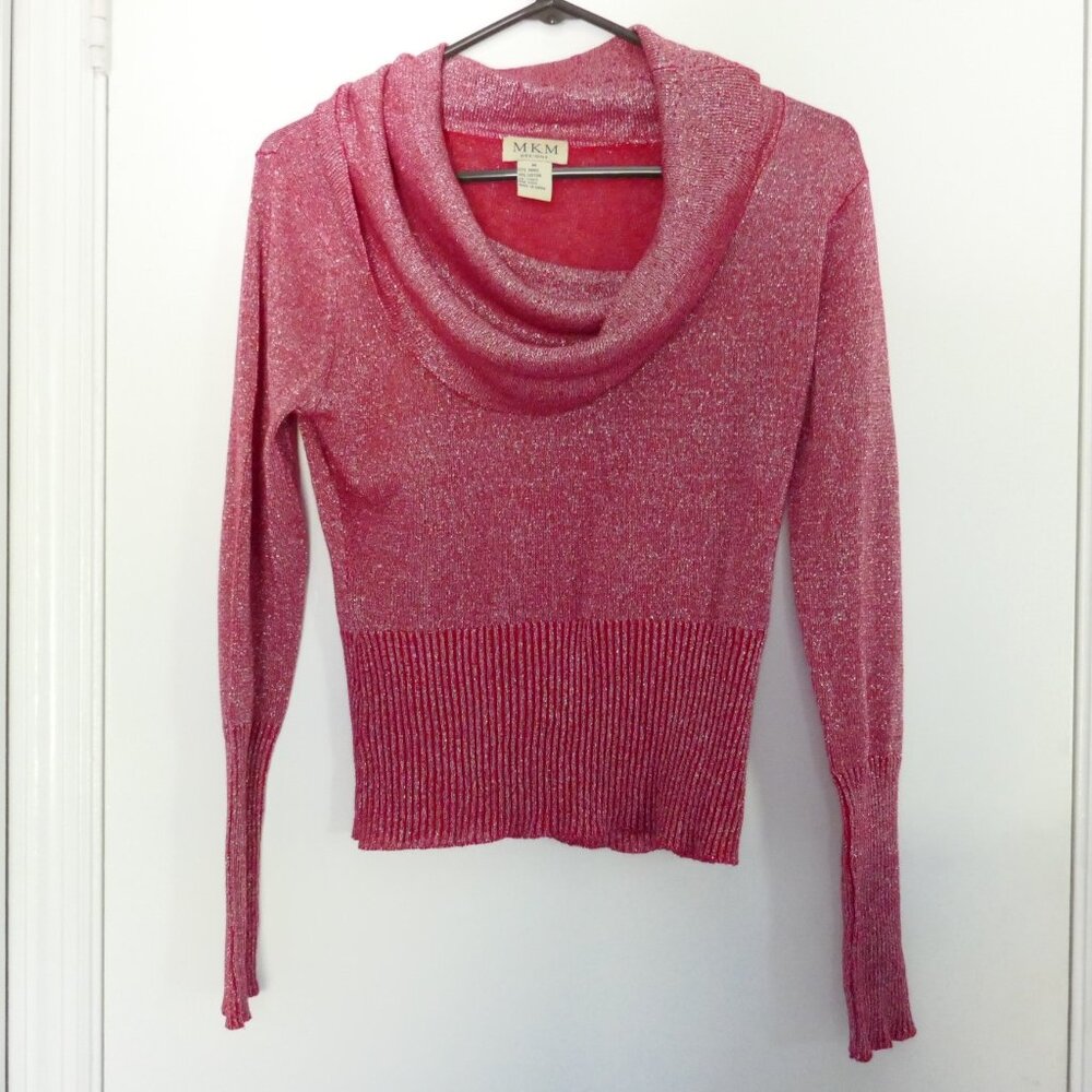 red cowl neck boatneck sweater metallic thread size M